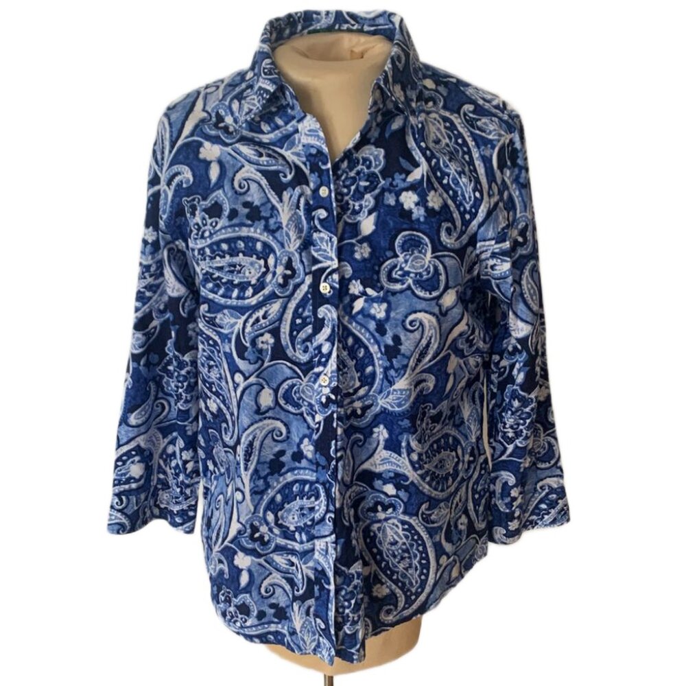 Lauren Ralph Lauren Blue and White Paisley Button-Down Shirt